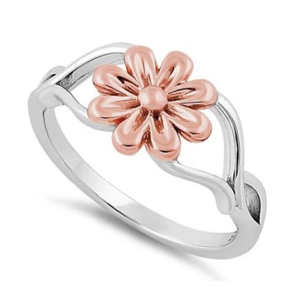 Sterling Silver Rose Gold Two Tone Daisy Flower Ring New